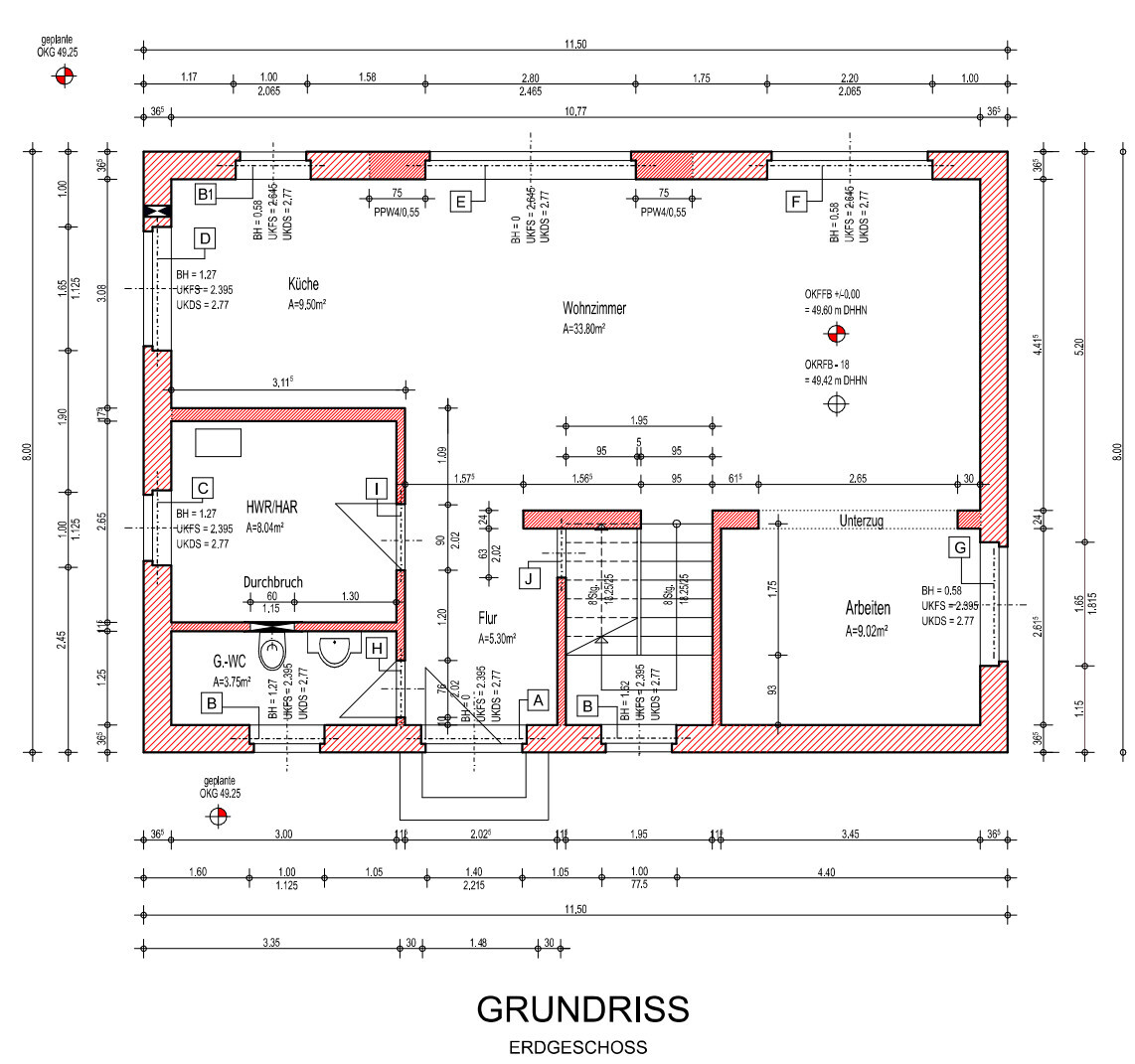 Grundriss Erdgeschoss mit Küche, Wohnzimmer, Arbeiten, Flur, HWR/HAR, G-WC und roter Außenwand.