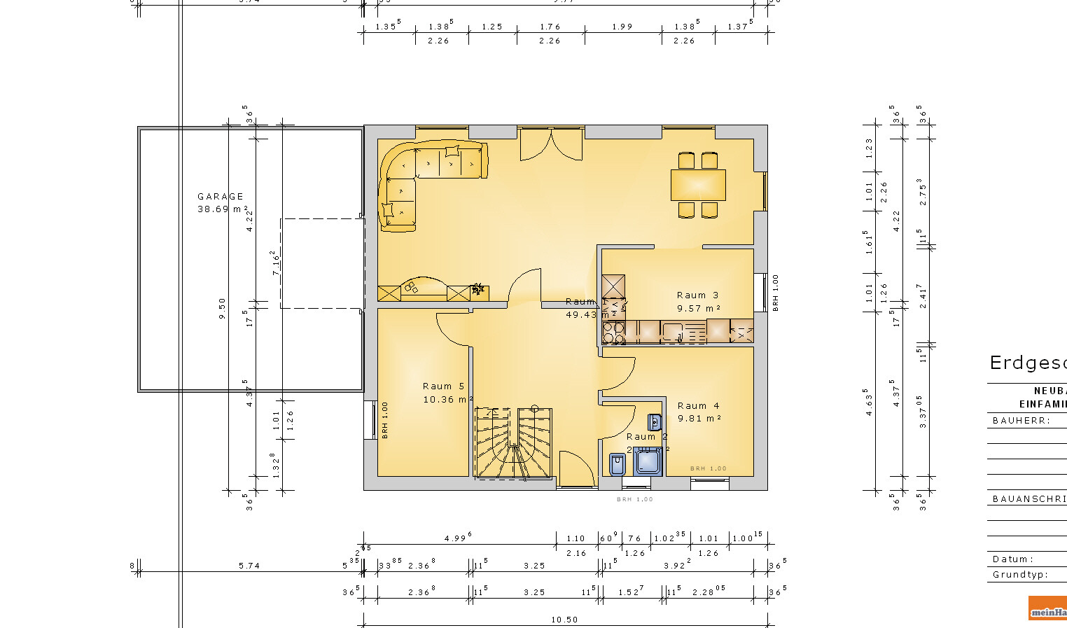 Grundriss eines Einfamilienhaus-Erdgeschosses mit Garage, Wohnzimmer und Schlafzimmer
