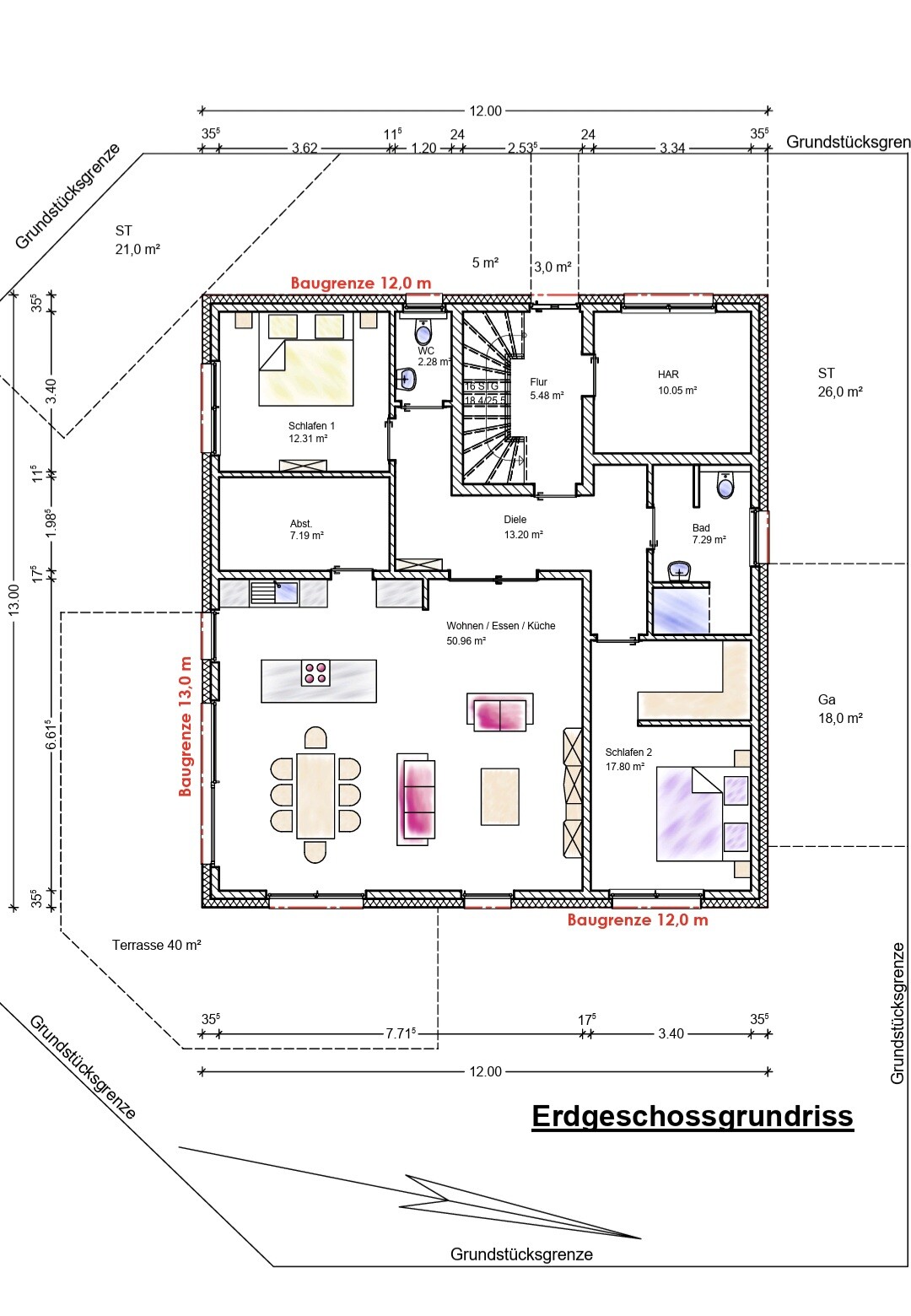 Erdgeschossgrundriss eines Hauses mit Zimmern, Flur, Treppen und Terrasse.