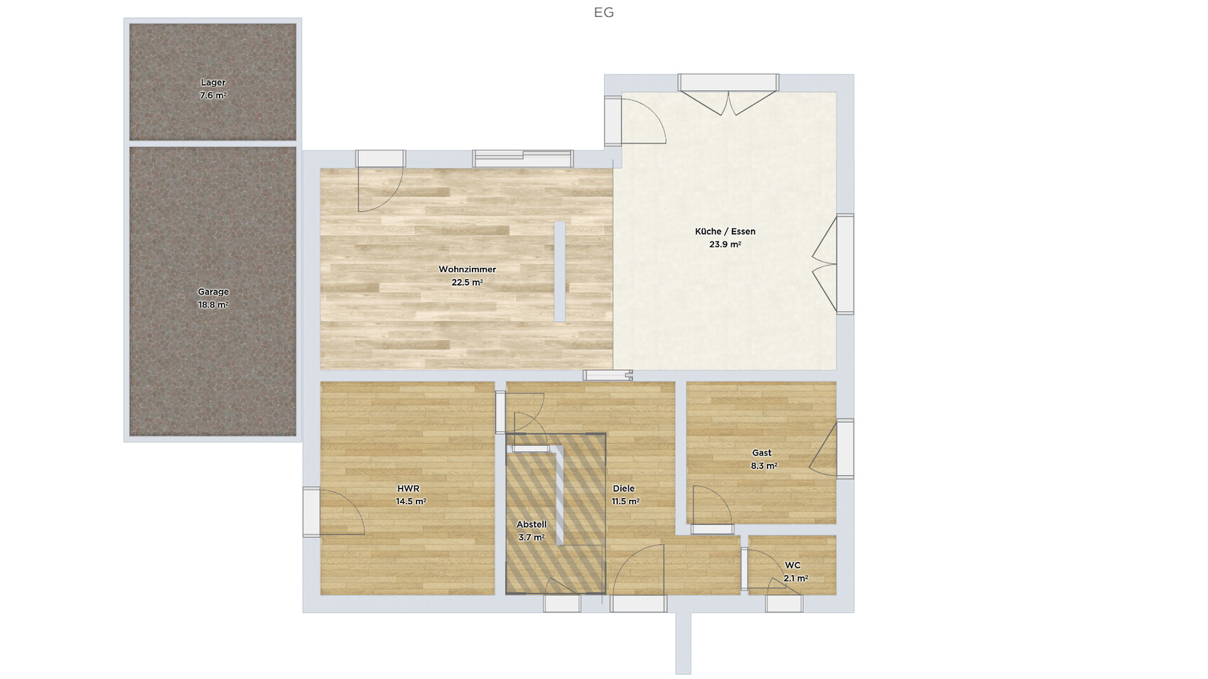 2D-Erdgeschoss-Grundriss eines Hauses mit Wohnzimmer, Küche/Essen und Gästezimmer