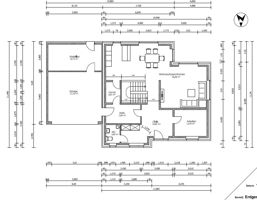 Grundriss Erdgeschoss: Wohnen/Essen/Kochen, Arbeiten, Garage, Abstellen, Vorraum, HWR, WC