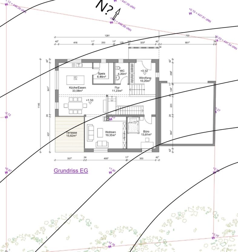 Grundriss EG: Küche, Essen, Speis, Flur, Windfang, WC, Wohnen, Büro, Terrasse.