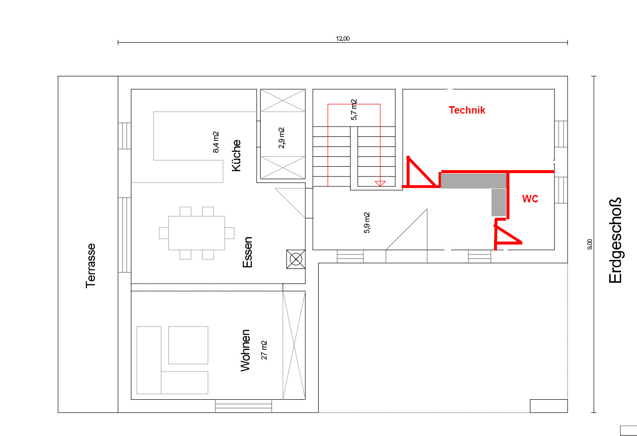 Erdgeschoss-Grundriss: Terrasse links, Küche 8,4 m2, Essen, Wohnen 27 m2, Technik und WC rechts.
