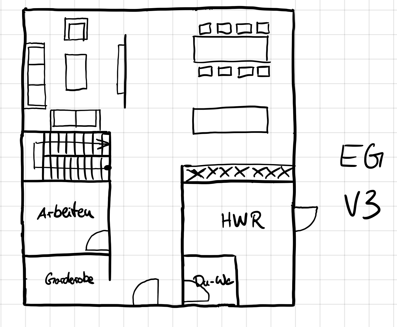 Grundriss eines Erdgeschosses mit Arbeitszimmer, Garderobe, Flur, HWR, Qu-WC und Konferenzbereich.