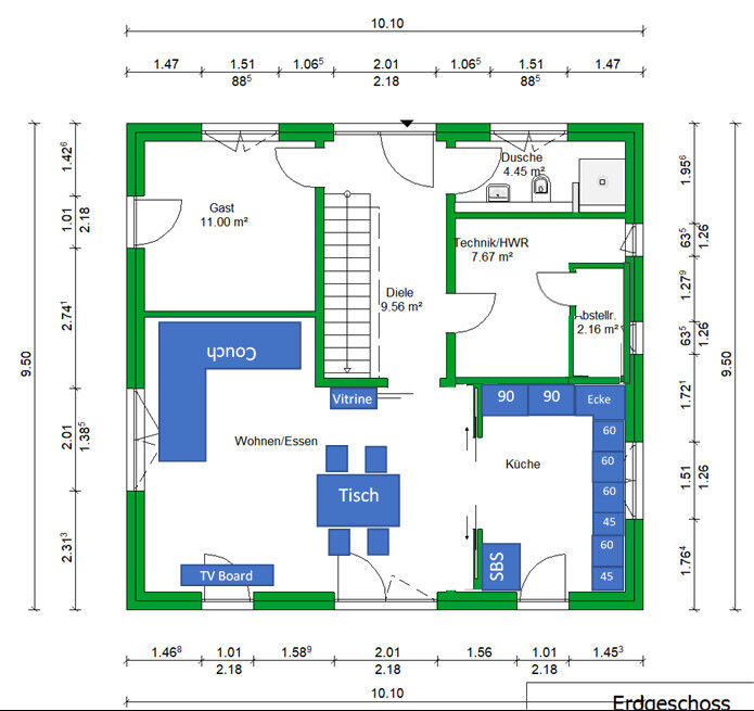 Grundriss Erdgeschoss: Wohnzimmer/Essen, Küche, Gästezimmer, Diele, Technik/HWR, Dusche.