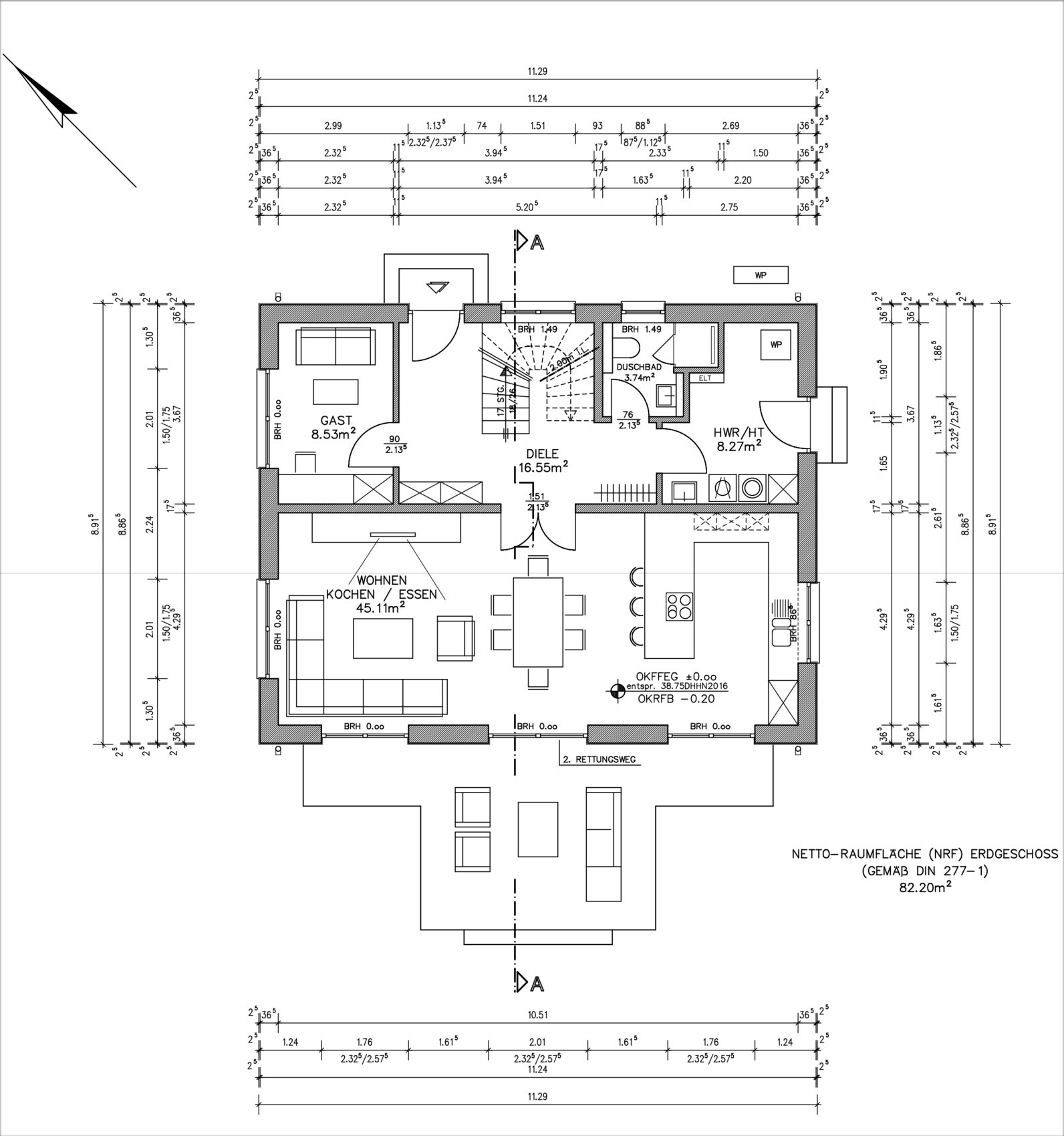 Grundriss Erdgeschoss: offenes Wohnen/Kochen/Essen, Gastzimmer, Diele, Duschbad, HWR, Terrasse.