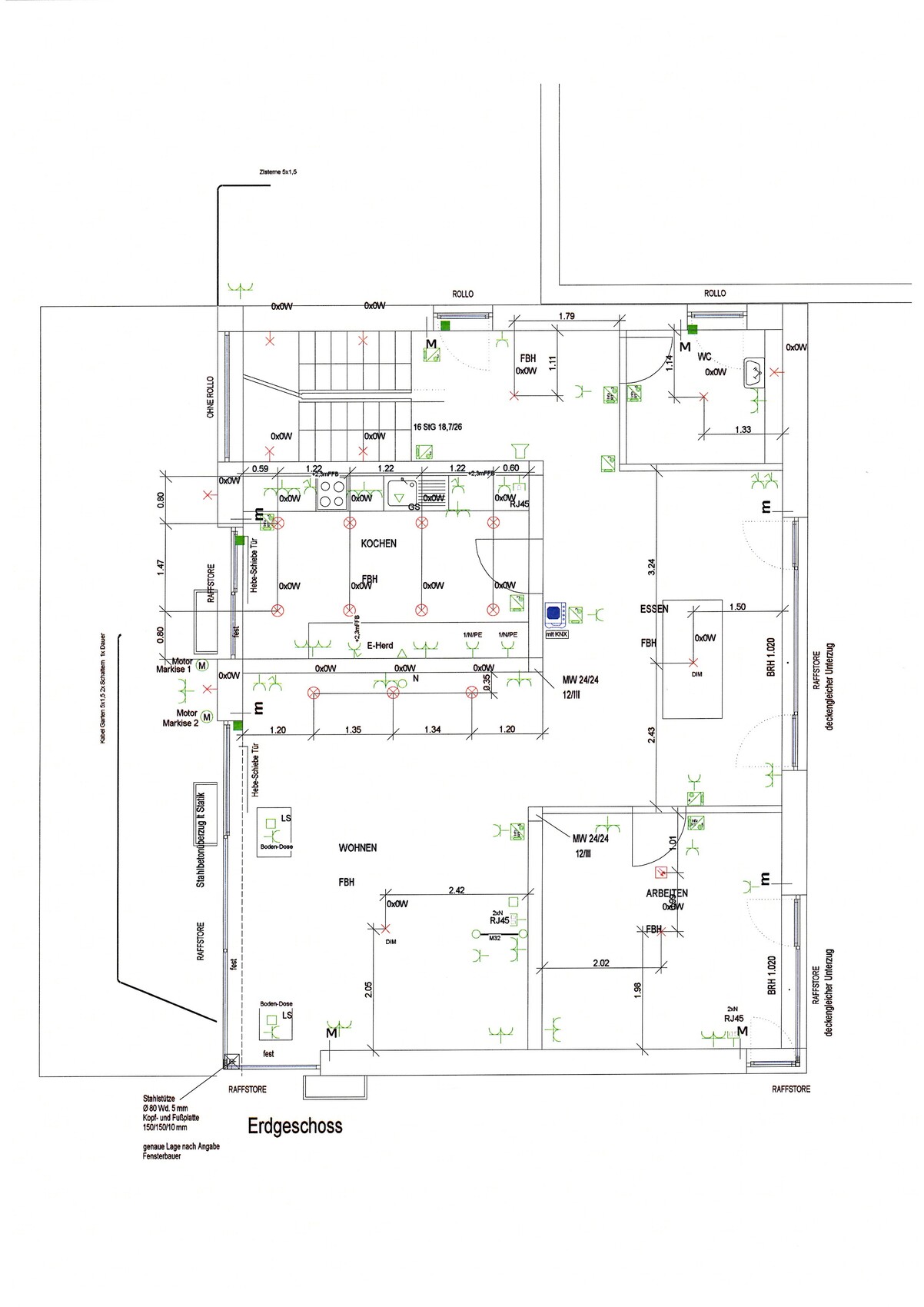 Grundriss Erdgeschoss mit Kochen, Wohnen, Essen und Arbeiten.