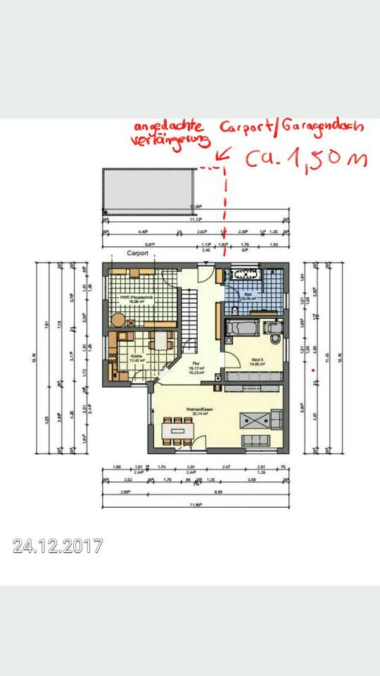 Grundriss eines Einfamilienhauses im Erdgeschoss mit Wohnzimmer, Küche und Bad.