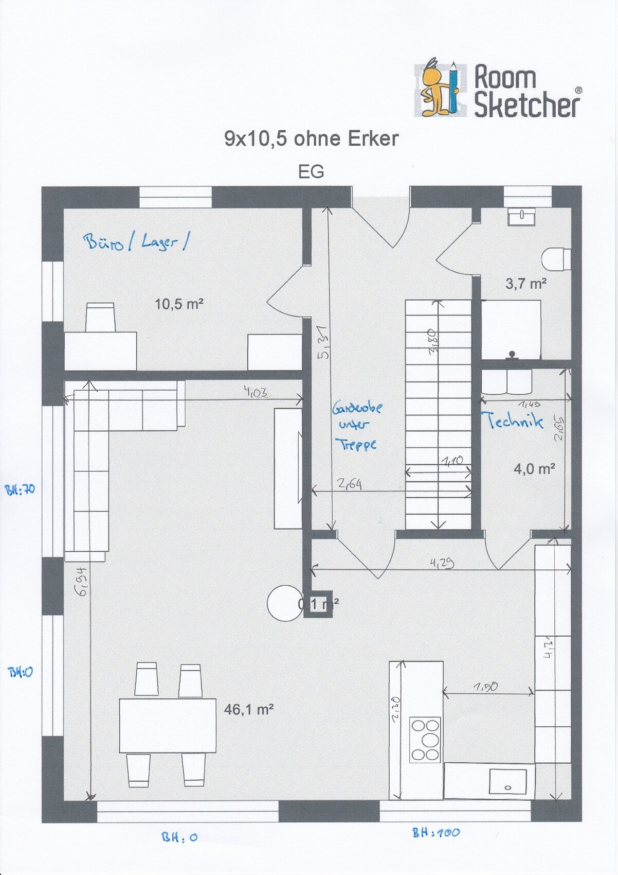 Grundriss des Erdgeschosses mit Wohnzimmer, Küche, Büro/Lager, Treppe und Technikraum