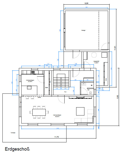 Erdgeschoss-Grundriss eines Hauses mit Wohnzimmer, Küche und Terrasse