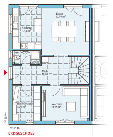 2D-Grundriss Erdgeschoss mit Küche, Essbereich, Wohnzimmer, Diele, WC und HWR