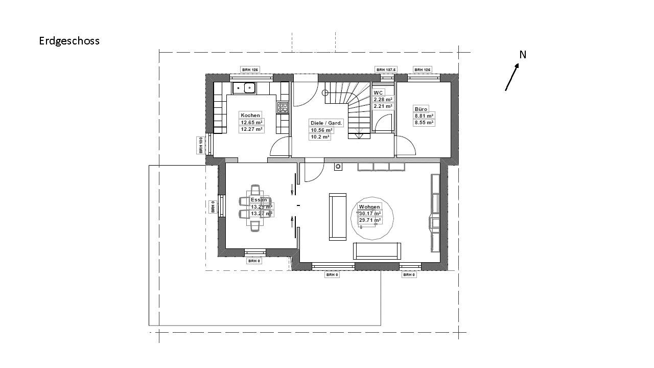 Grundriss Erdgeschoss eines Hauses mit Küche, Essbereich, Wohnzimmer, Diele, WC und Büro.