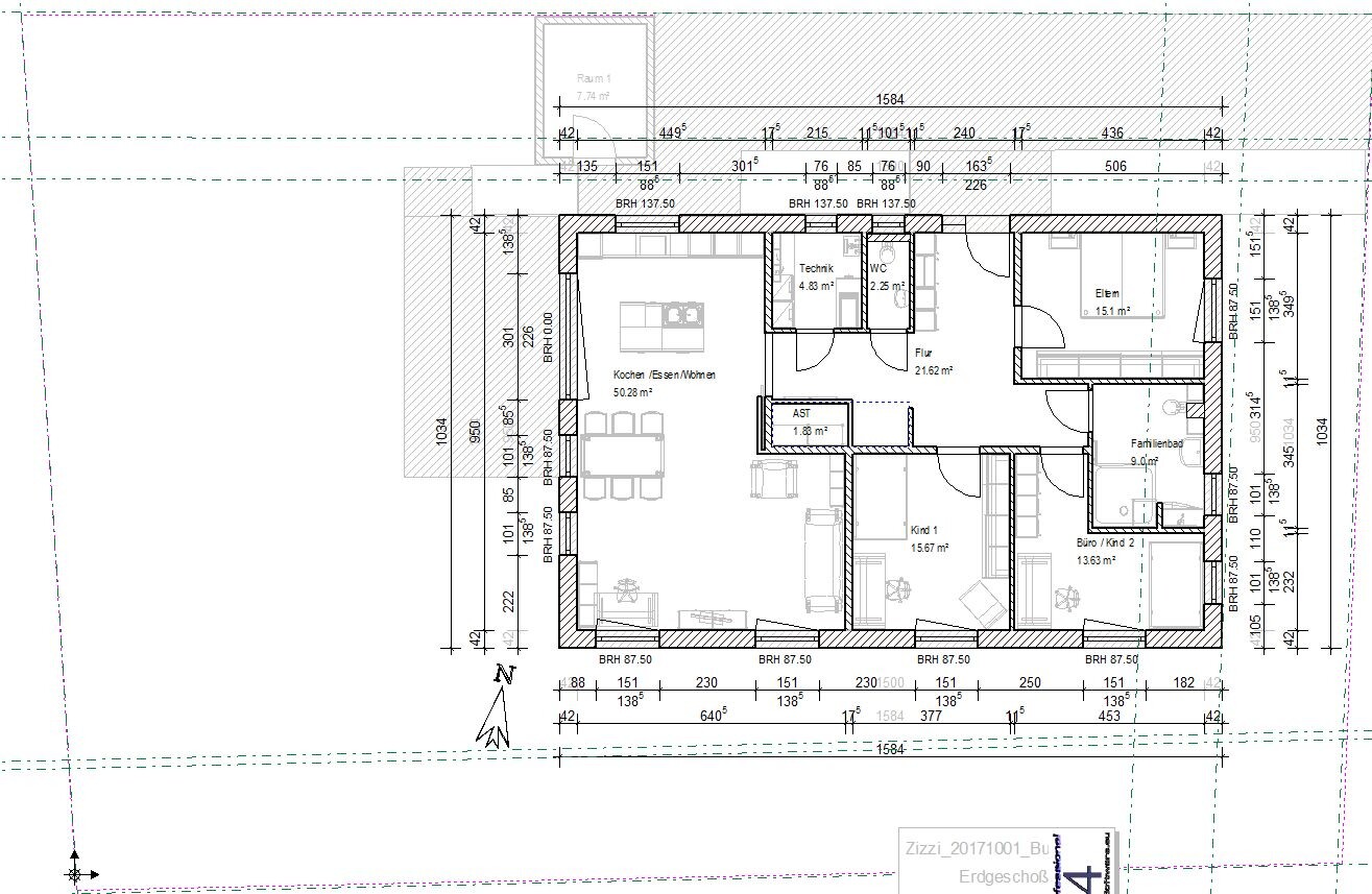 Grundriss Erdgeschoss: Küche, Essen/Wohnen, Flur, Technik, WC, Kinderzimmer, Büro.