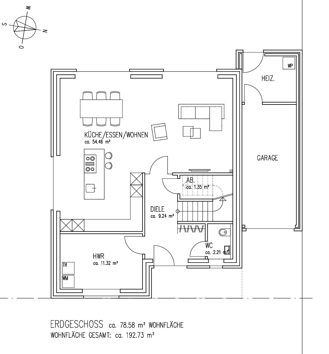 Grundriss Erdgeschoss: KÜCHE/ESSEN/WOHNEN, DIELE, HWR, WC, GARAGE