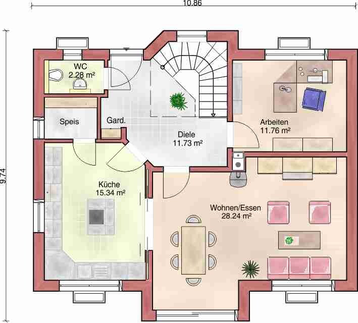 Erdgeschoss-Grundriss mit Küche, Wohnen/Essen, Arbeitszimmer, Diele und WC