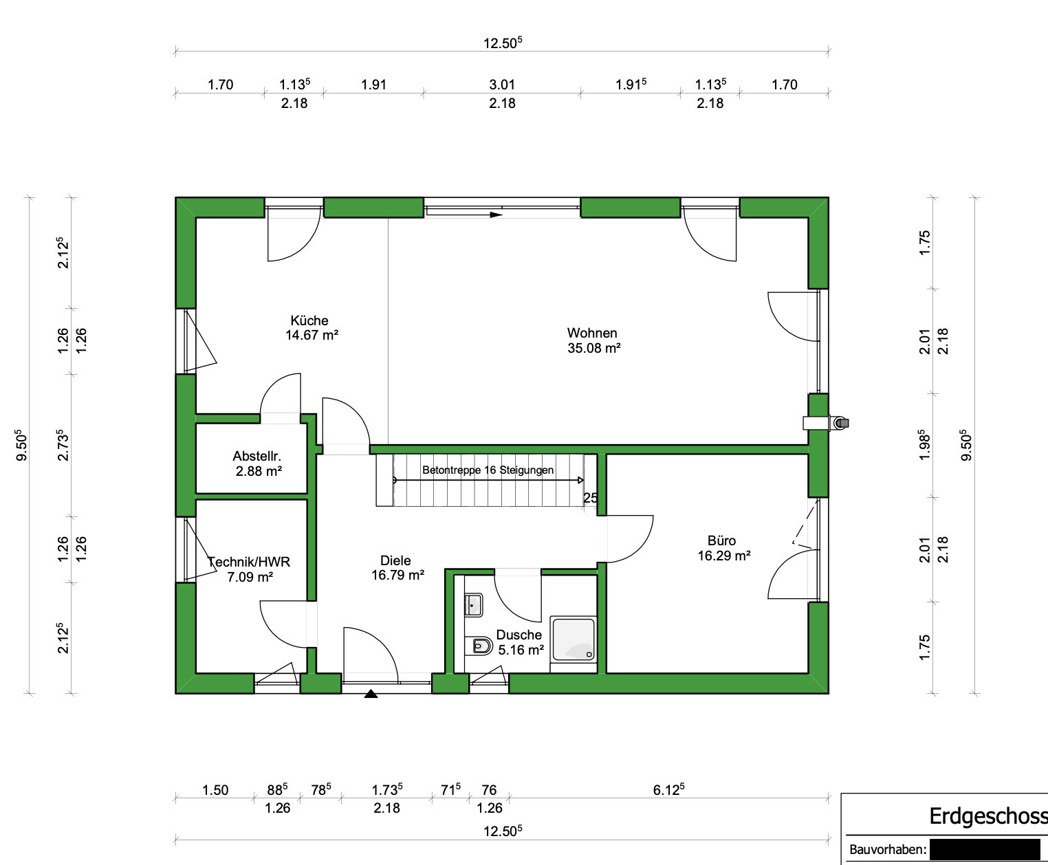 Grundriss Erdgeschoss mit Küche, Wohnen, Büro, Diele, Dusche, Technik/HWR und Abstellraum.