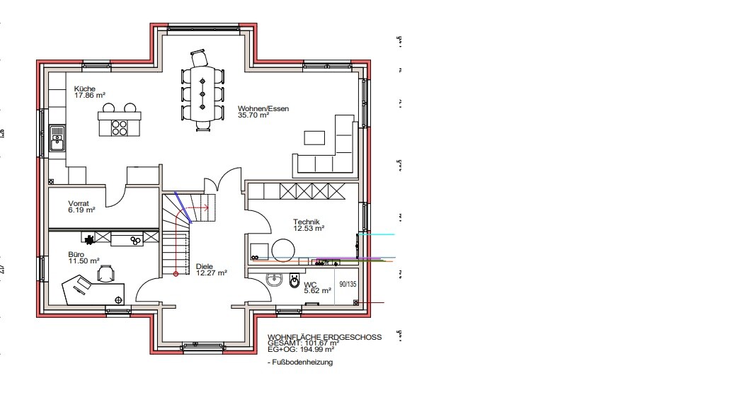 Grundriss EG: Küche, Vorrat, Büro, Diele, Wohnen/Essen, Technik, WC, Treppe.