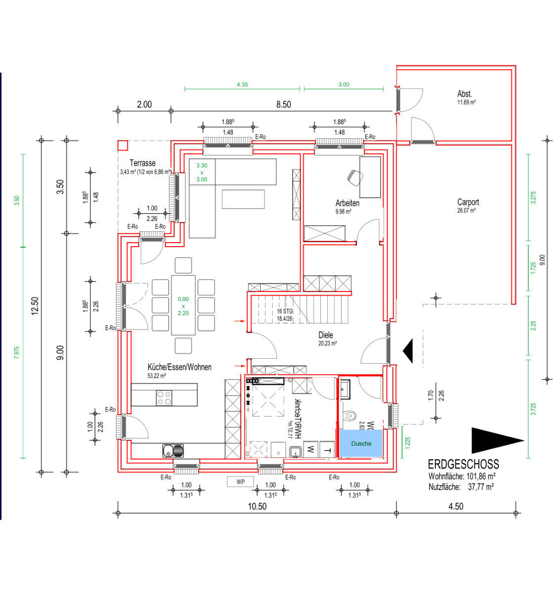 Grundriss Erdgeschoss: Küche/Essen/Wohnen, Diele, Arbeiten, Dusche, WC, Terrasse, Carport
