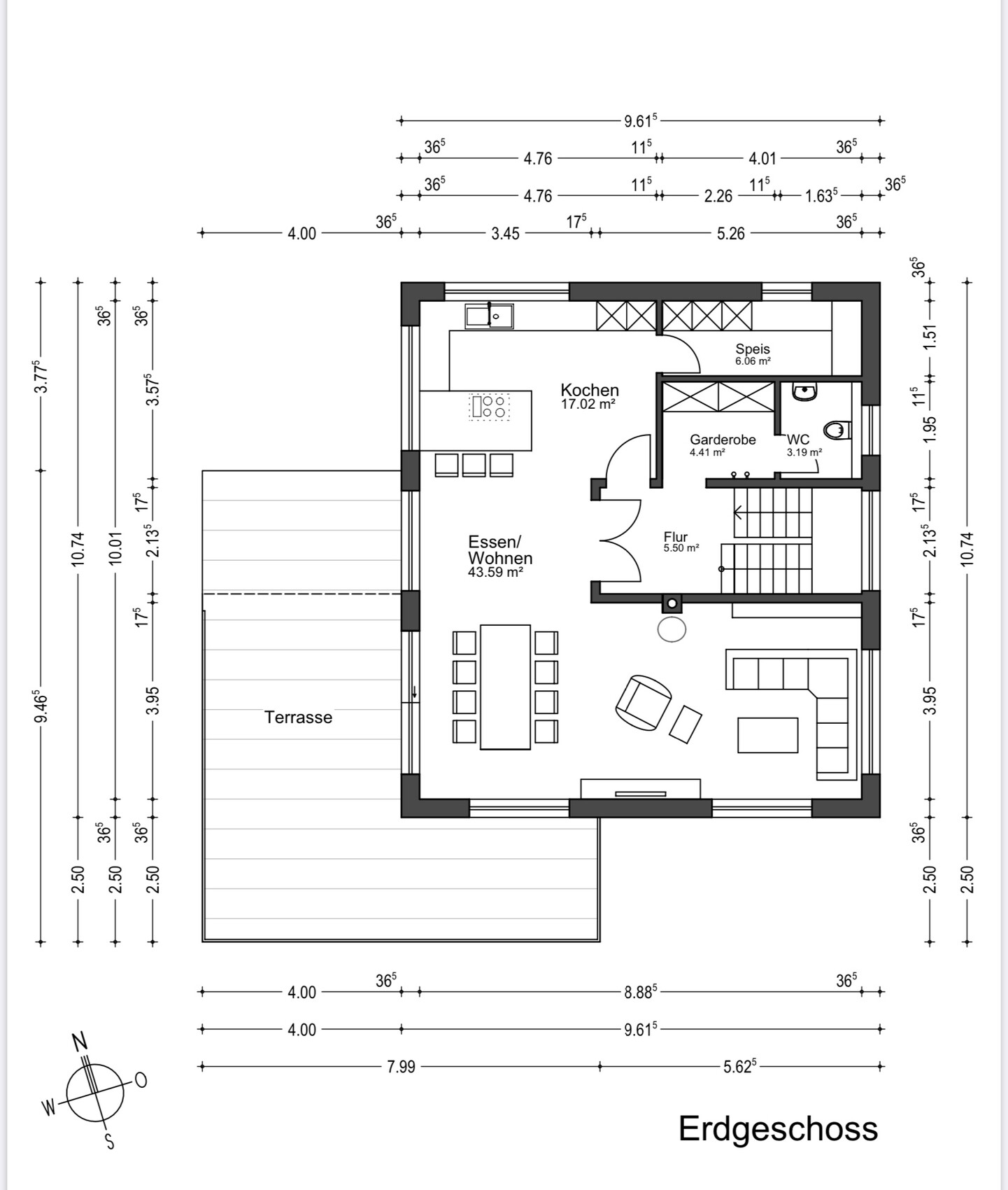 Grundriss Erdgeschoss: offener Wohn-Essbereich, Küche, Speis, Garderobe, WC, Flur, Terrasse.