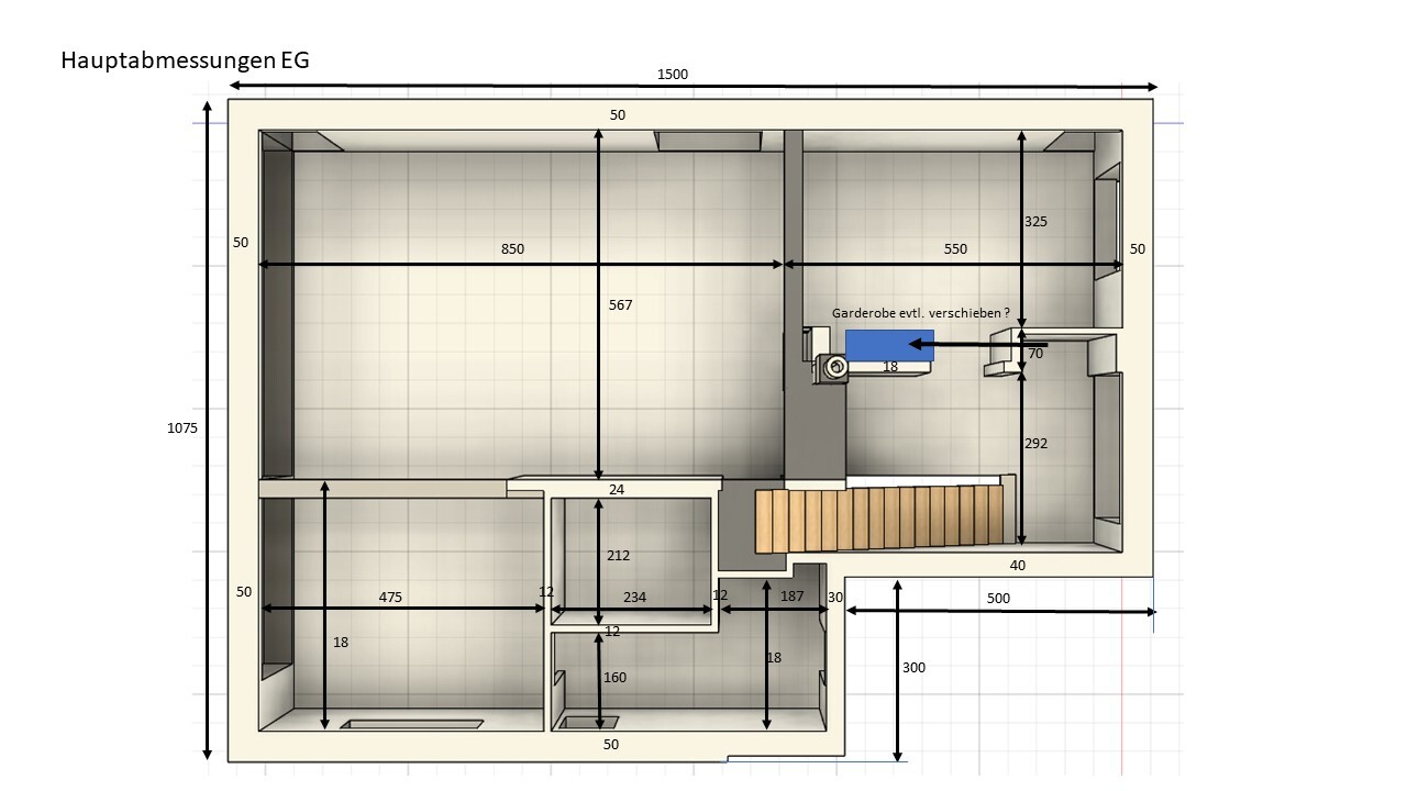 Grundriss Erdgeschoss mit Maßen, Räumen und Treppe als Bauplan