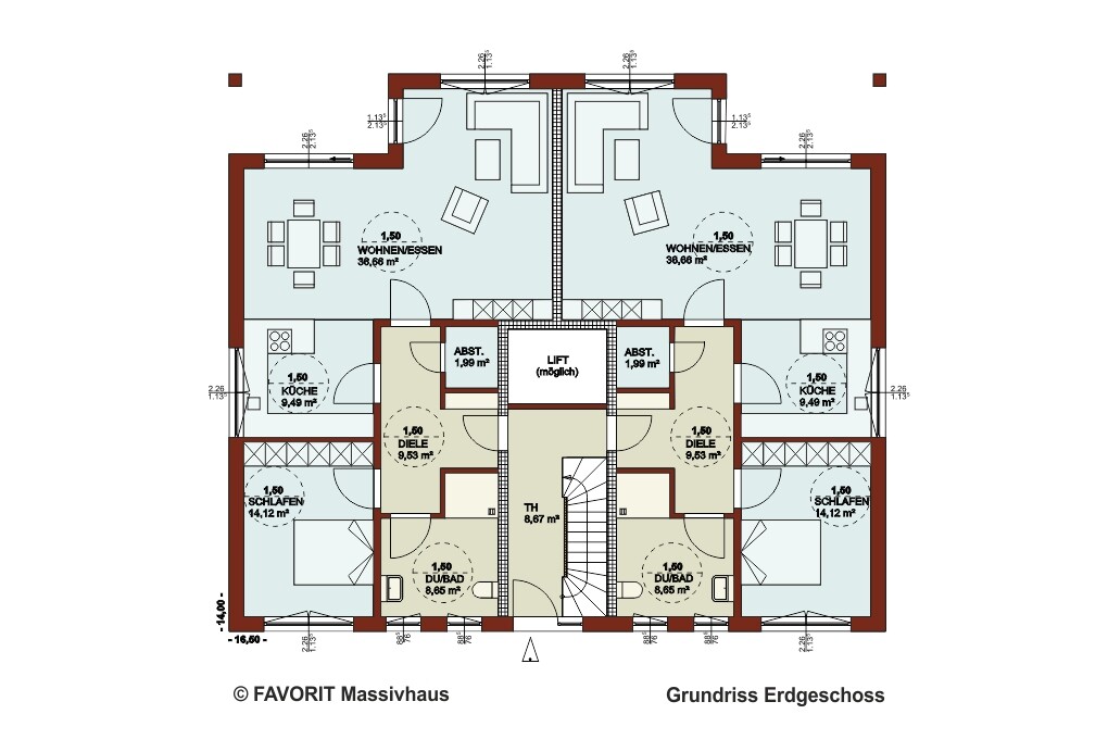 Doppelhaushälfte Erdgeschoss: zwei Wohnbereiche, Küche, Flure, Schlafzimmer, Bad.