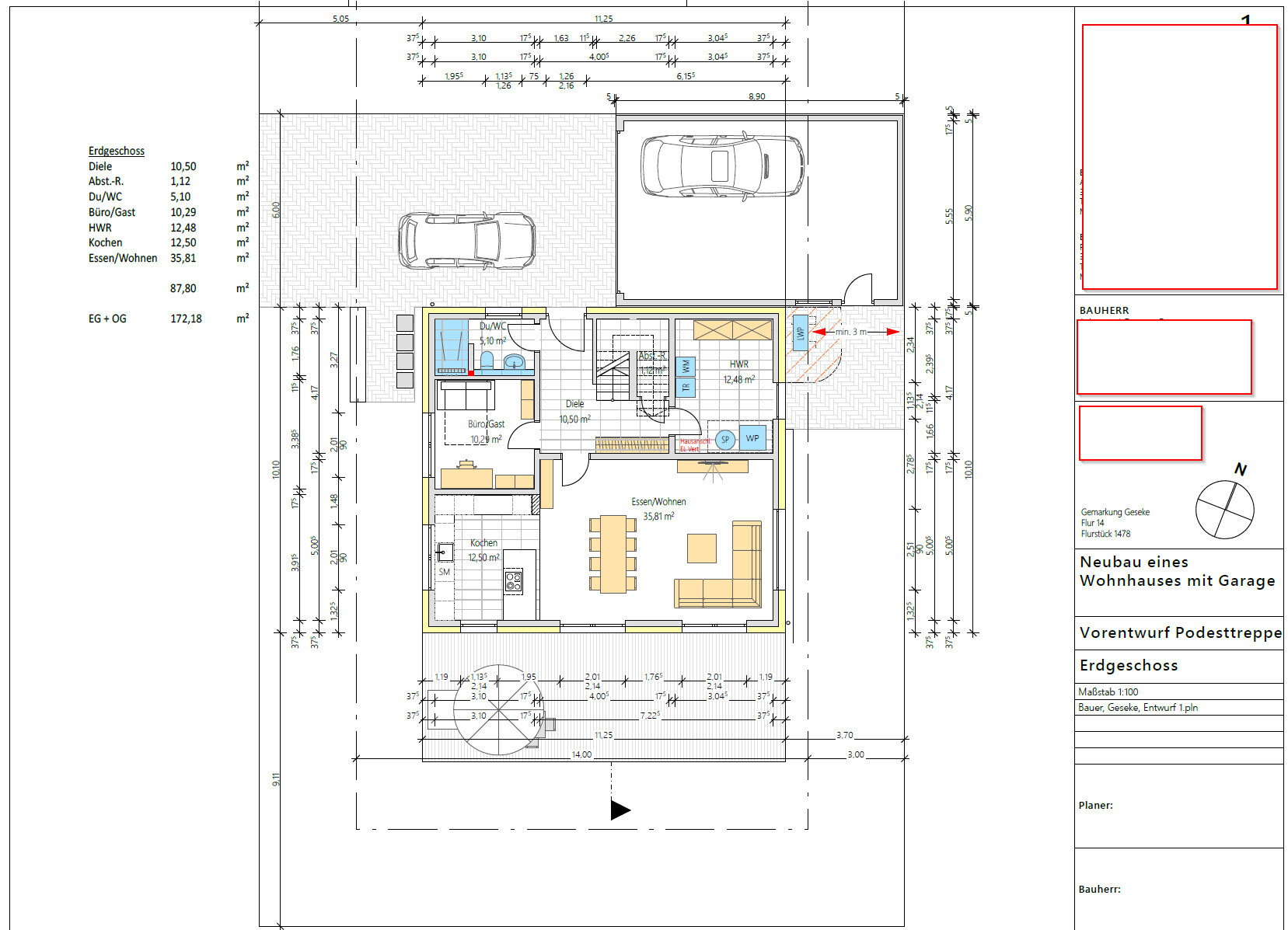 2D-Grundriss-Erdgeschoss eines Wohnhauses mit Garage, Küche und Wohnzimmer