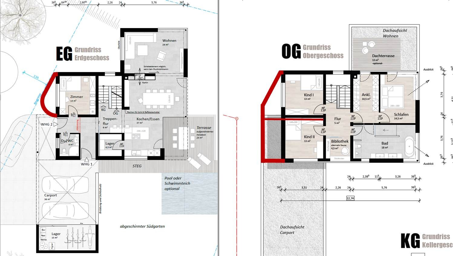 Zwei Grundrisse eines Hauses: EG links, OG rechts, rote Linie markiert Verbindung zwischen EG und OG.
