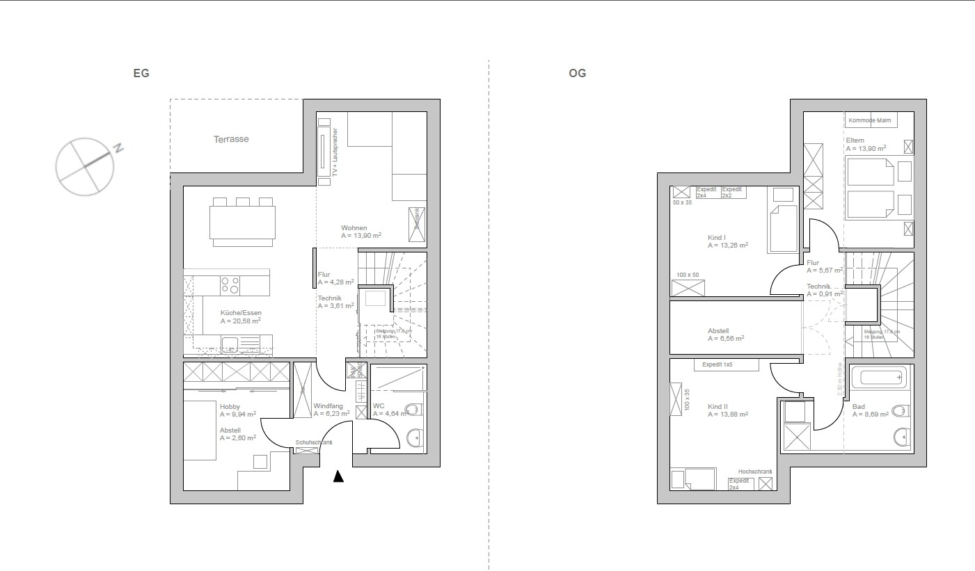 Zwei Grundrisspläne eines Hauses: Erdgeschoss und Obergeschoss mit Zimmern