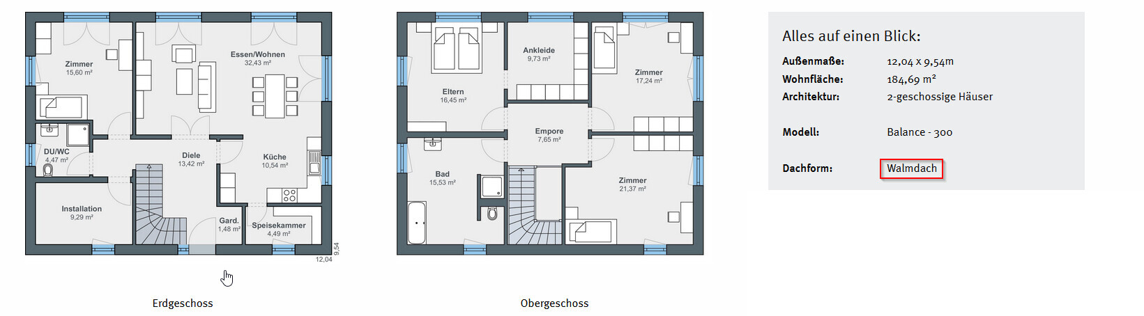 Zweistöckiger Hausgrundriss: Erdgeschoss und Obergeschoss mit Zimmern, Küche und Bad.