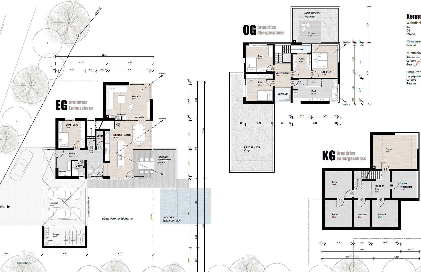 Grundrisse von EG, OG und KG eines Hauses mit Carport, Terrasse und Garten