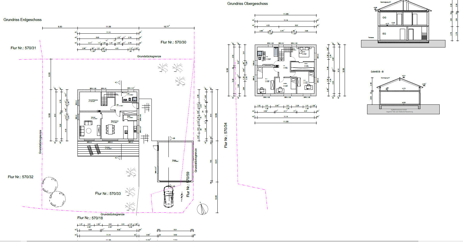 Architekturplan: Grundrisse Erd- und Obergeschoss mit Ansichten und Schnitte.