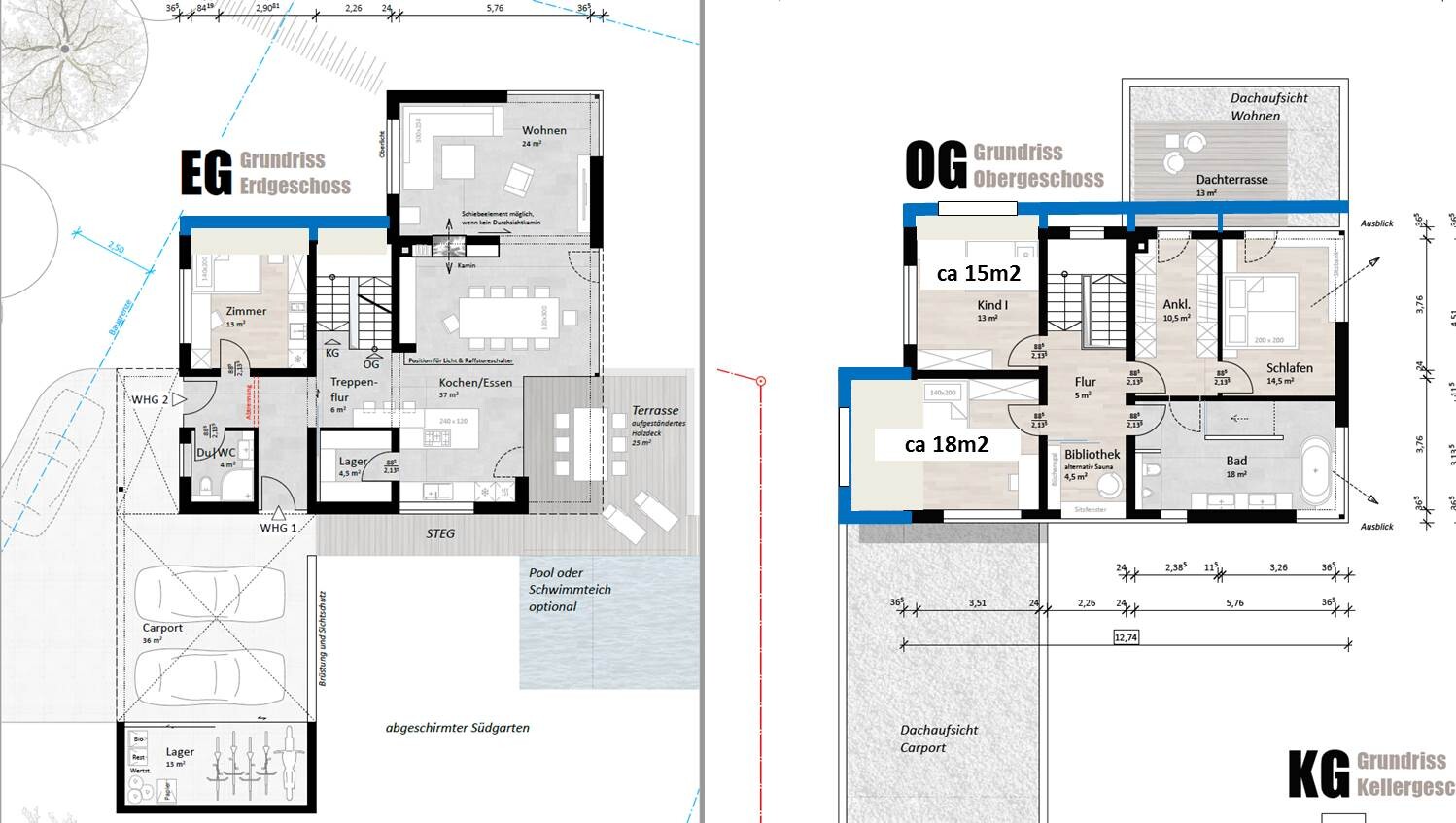 Grundriss: EG mit Wohnen/Küche/Terrasse; OG mit Schlafen, Kind1, Bibliothek.