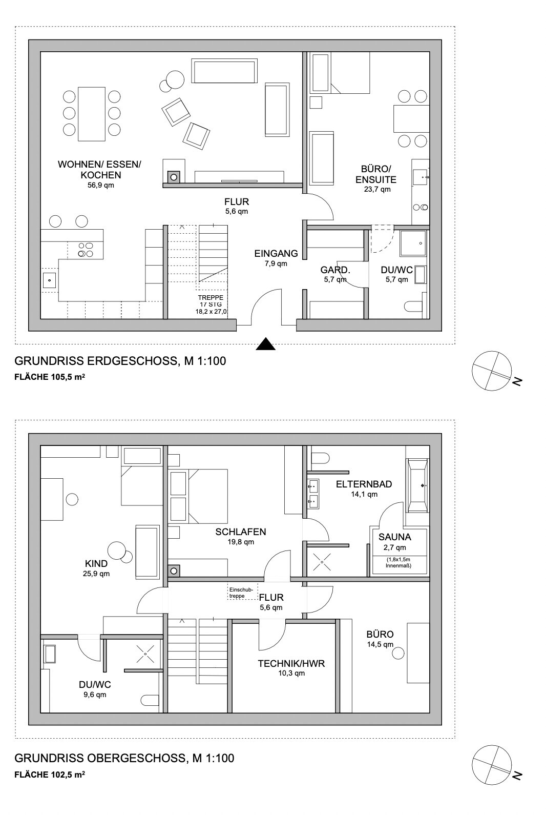 Grundriss: Erdgeschoss mit Wohnen/Kochen, Flur; Obergeschoss mit Schlafen, Bad.