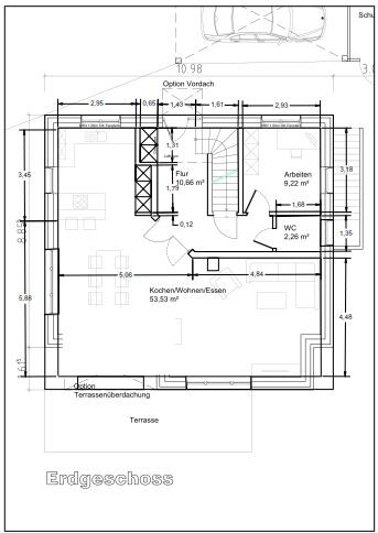 Grundrissplan Erdgeschoss mit offener Küche, Wohnbereich, Terrasse, WC und Treppen.