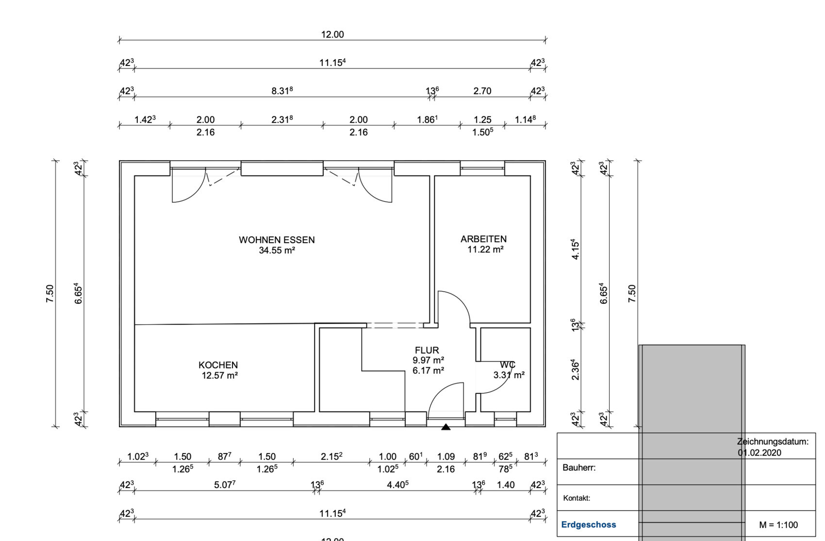 Grundriss Erdgeschoss: Räume Wohnen/Essen, Kochen, Arbeiten, Flur und WC im Plan.
