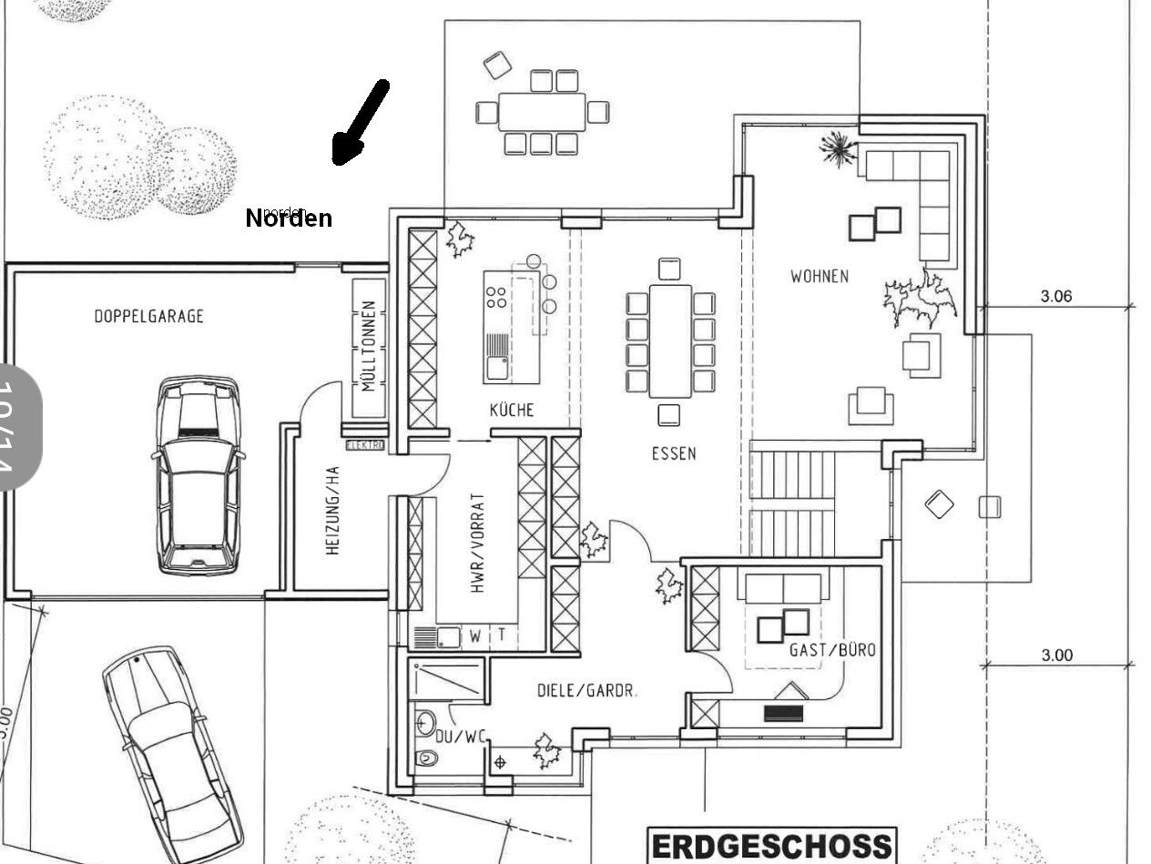 Grundriss Erdgeschoss mit Küche, Essen, Wohnen, Gast/Büro, Diele, Bad, Garage.