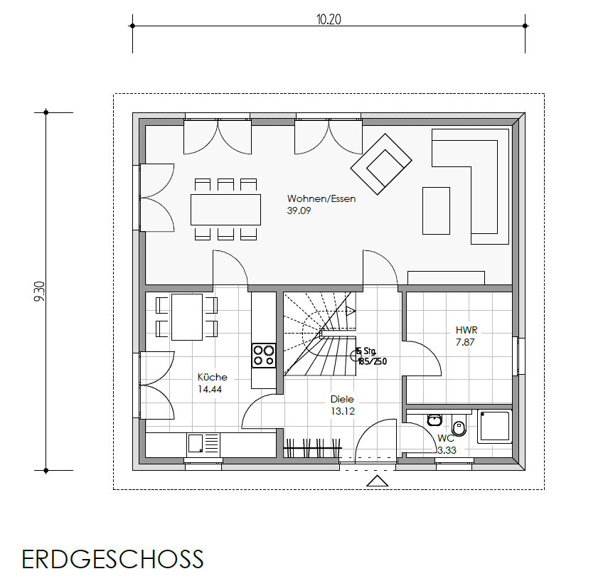 Grundriss Erdgeschoss: Küche, Diele, Wohnen/Essen, HWR, WC