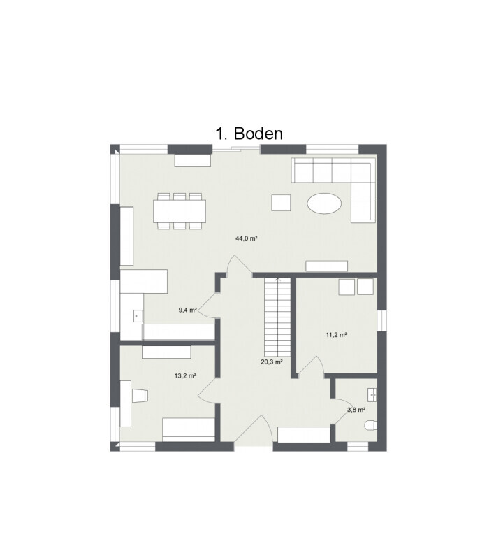 Grundriss des 1. Bodens mit Wohnzimmer, Essecke, Küche, Schlafzimmer, Bad, Flur