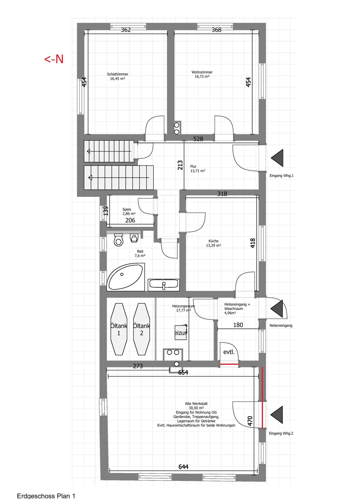 2D-Erdgeschoss-Grundriss eines Hauses mit Schlafzimmer, Wohnzimmer, Küche, Bad und Flur