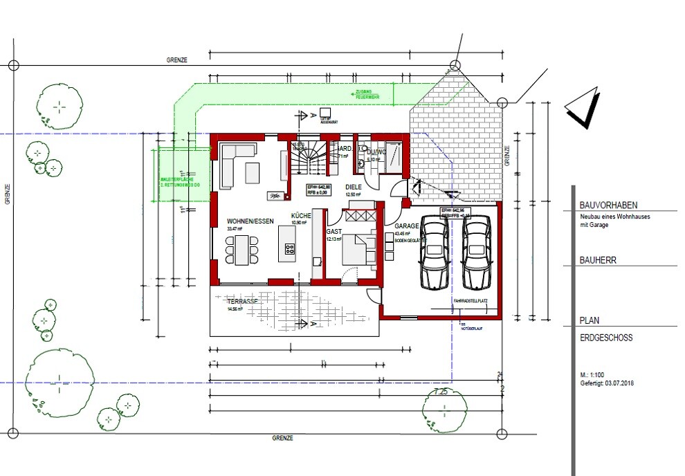 Grundriss Erdgeschoss eines Hauses: Wohnzimmer, Küche, Gast, Diele, Garage, Terrasse.