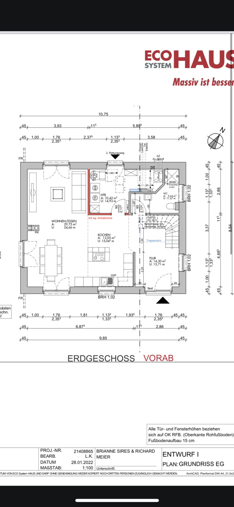 Grundriss Erdgeschoss: Wohnen/Essen, Kochen, Flur, Bad/WC, Treppenaufgang, ECOHAUS