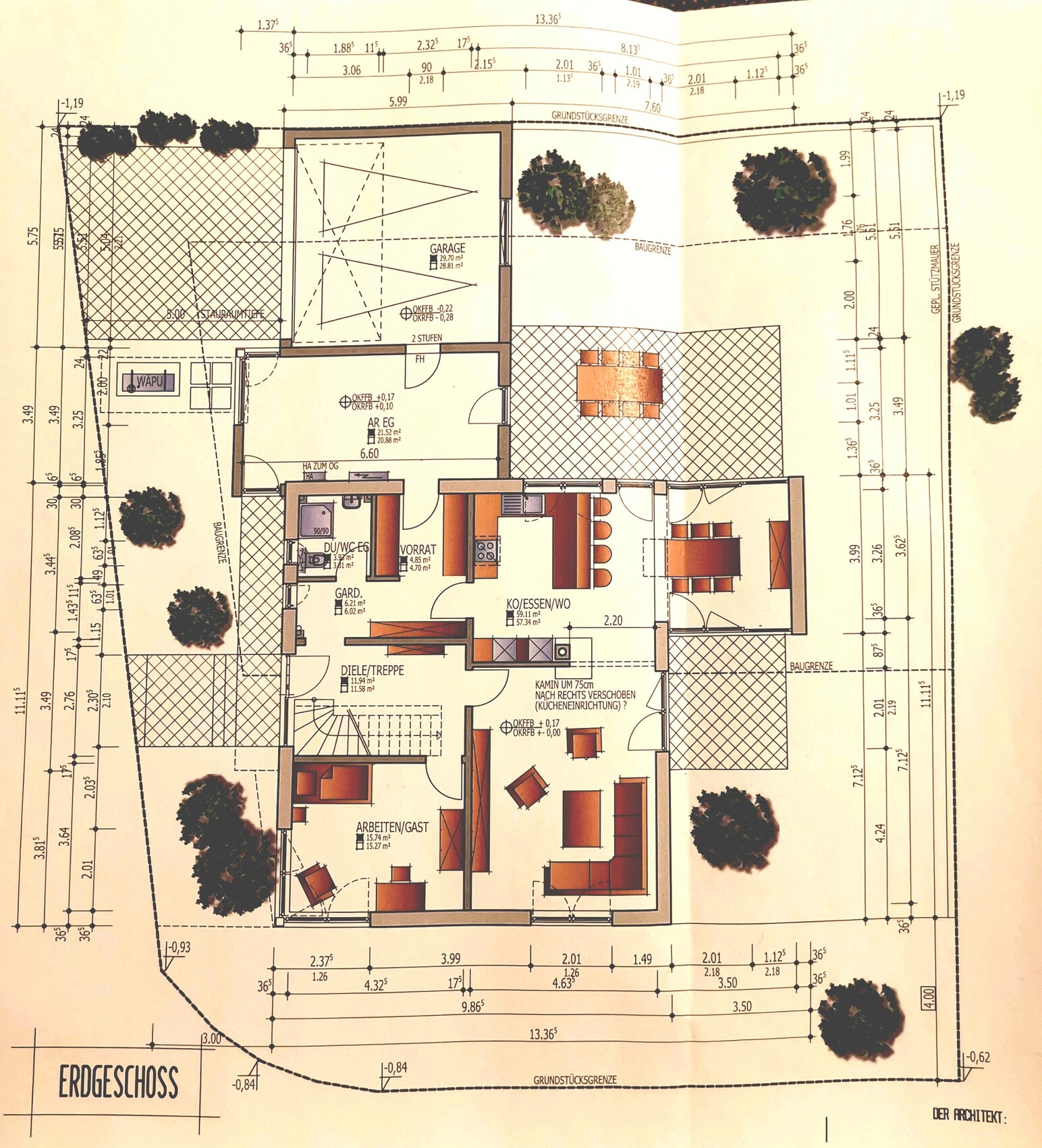 Grundriss Erdgeschoss eines Hauses mit Wohnzimmer, Küche, Essbereich, Garage, Terrasse und Garten.