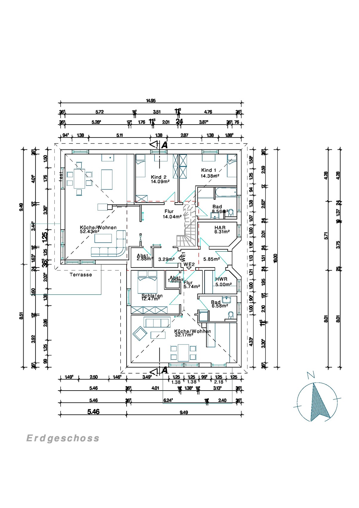 Erdgeschoss-Floorplan mit Küche, Wohnbereich, Schlafzimmer, Bad und Fluren