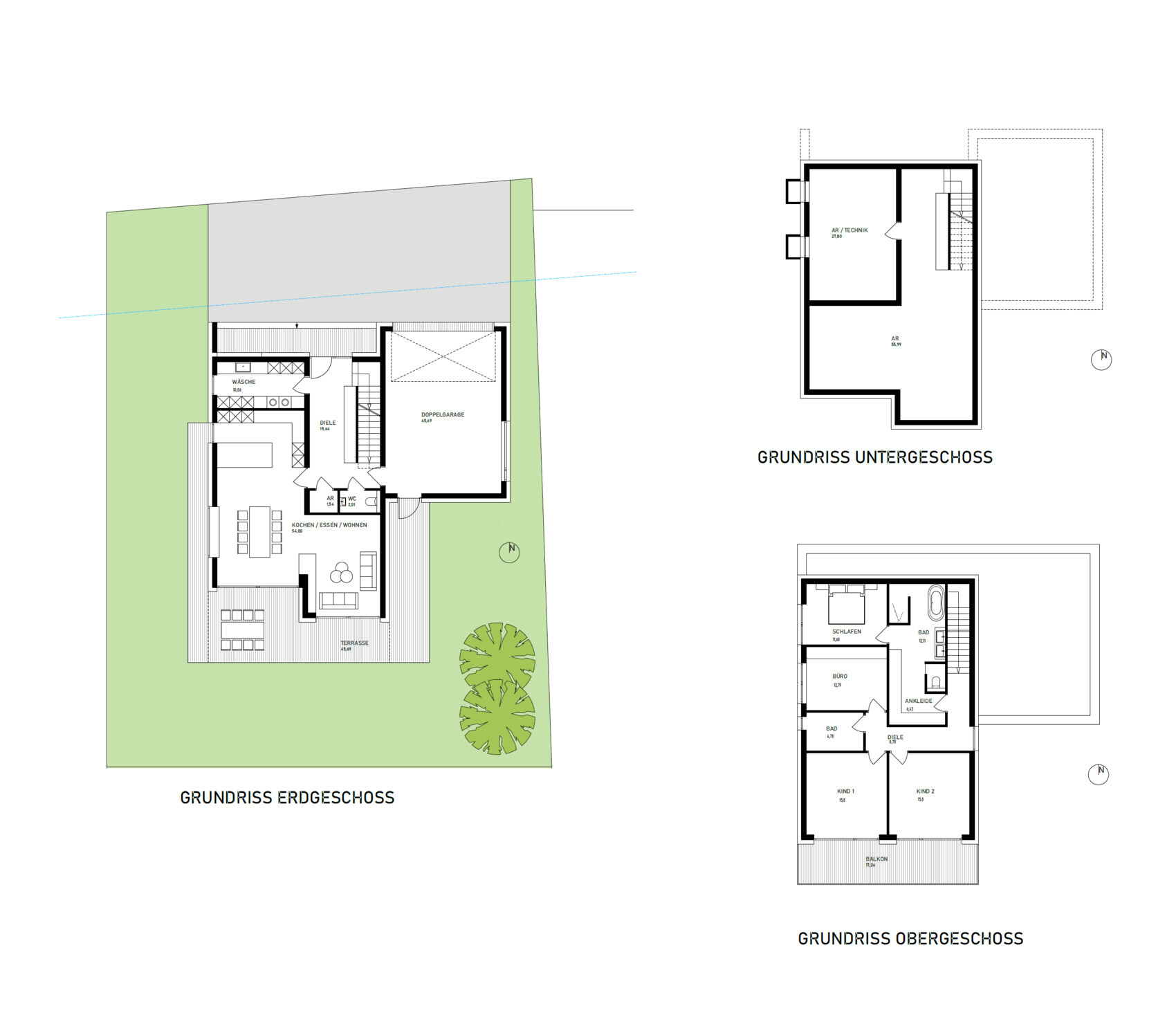 Architekturplan mit drei Grundrissen: Erdgeschoss, Obergeschoss und Untergeschoss mit Garten.