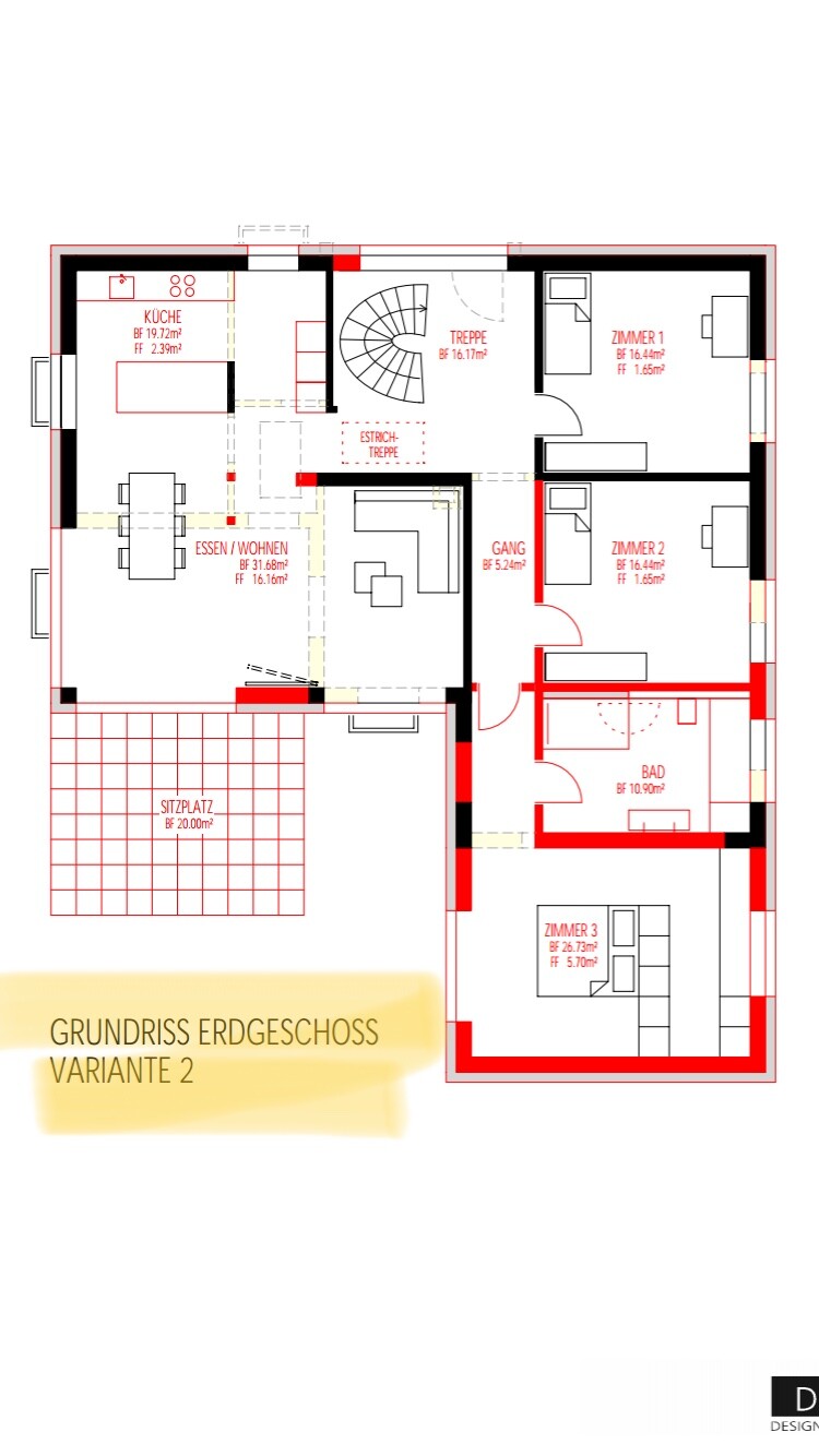 Grundriss Erdgeschoss Variante 2: offenes Esszimmer-Wohnen, Küche, Treppe, Flur, Schlafzimmer, Bad