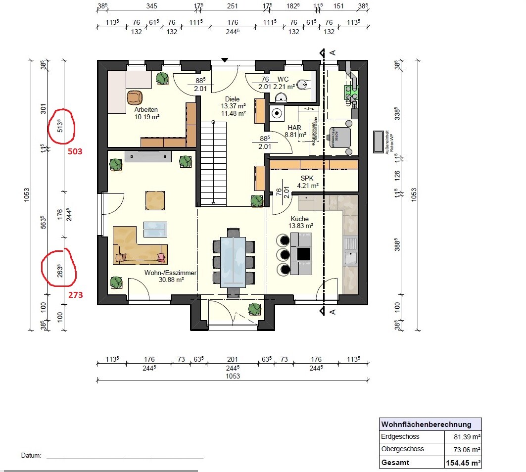 Grundriss Erdgeschoss: Wohn-/Esszimmer, Küche, Arbeitszimmer, Diele, HAR, WC.