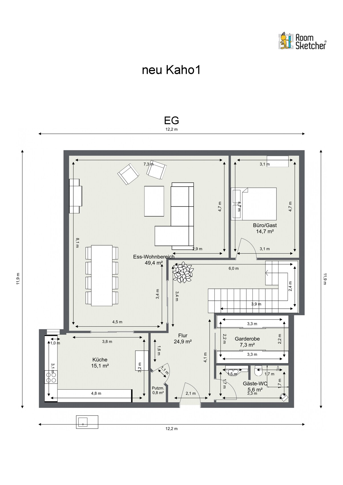 Grundriss EG: offener Ess-Wohnbereich, Küche, Flur, Garderobe, Gäste-WC, Büro/Gast.