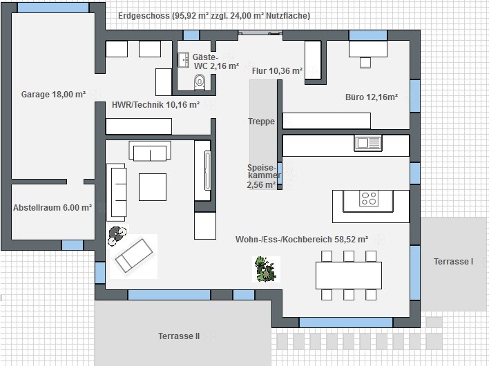 Grundriss Erdgeschoss mit Wohnzimmer, Küche, Essbereich, Flur, Garage und Terrasse