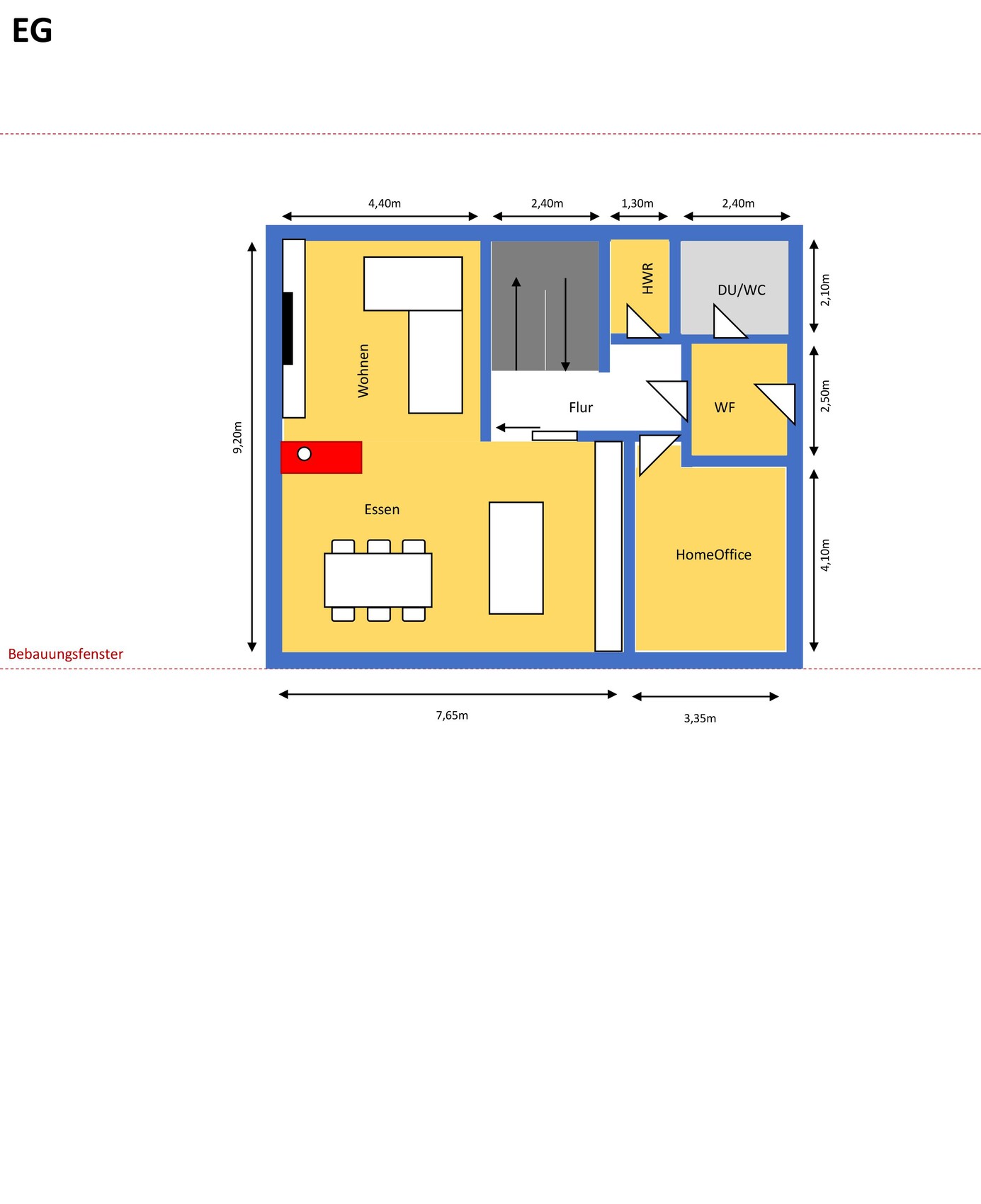 Grundriss Erdgeschoss mit Wohnen, Essen, HomeOffice, Flur, HWR, DU/WC, Treppe.