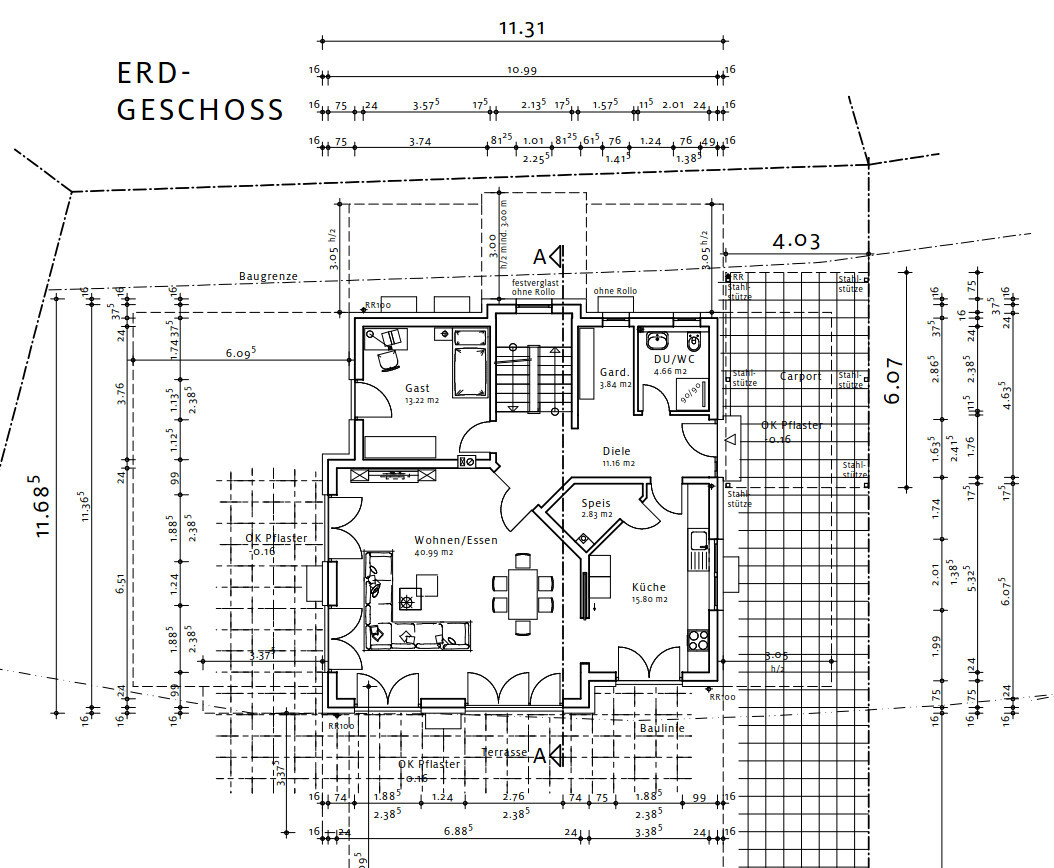 Grundriss Erdgeschoss: Wohnen/Essen, Gast, Küche, Diele, Garderobe, DU/WC, Terrasse.